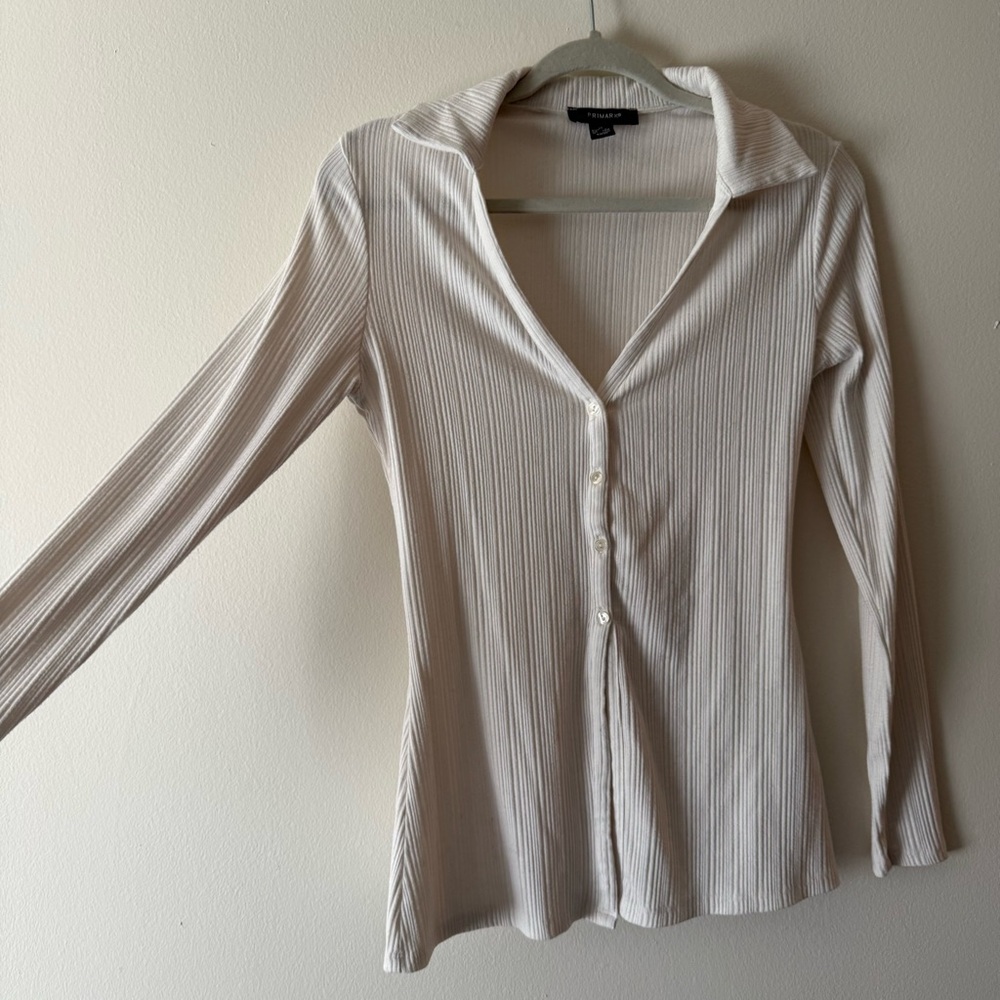 Primark White V-Neck Ribbed Button-Down Shirt